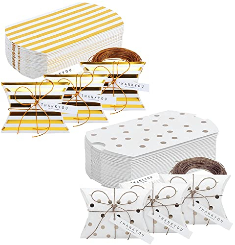 50 Stück Kissen Kleine Geschenkboxen, Kraftpapier Kissen Box, Falten Geschenkverpackung Box, Hochzeit Gastgeschenke Geschenkbox, Geschenkbox Goldenen Bändern, für Kekse, Desserts (Weißes Gold)