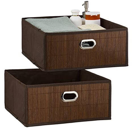 Relaxdays 5 Cestos Almacenaje Bambú, Pongotodos Cuadrados Tela Baño, Cajas Estante, 14 x 31 x 31 cm, Plegables, Color Marrón