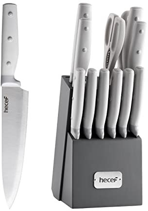 hecef Cuchillos Cocina Profesional 14 pzas | Juego de cuchillos de cocina y soporte | Acero Inoxidable Set Cuchillos Cocina con Afilador, Bloque de cuchillos, Bloque de madera (Gris)