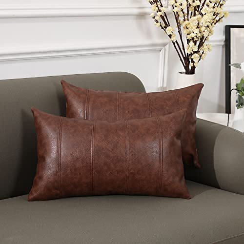 Yaertun Juego de 2 Fundas Cojines 30x50cm Rayas Cuero Artificial Fundas de Cojines Decorativos Fundas de Almohada Rectangular Lujoso para Habitacion Oficina Silla Cama Salón Terraza,Marrón Oscuro