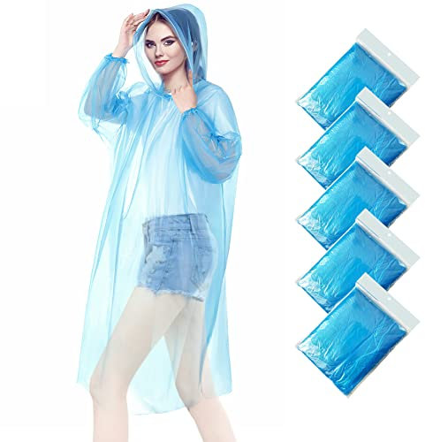 wehers 5 Pack Disposable Rain Ponchos - One Size Rain Poncho Waterproof Emergency Raincoats Rain Poncho Adult Rain Coats With Hood and Sleeves Ideal for Festivals, Camping, Fishing, Theme Parks(Blue)