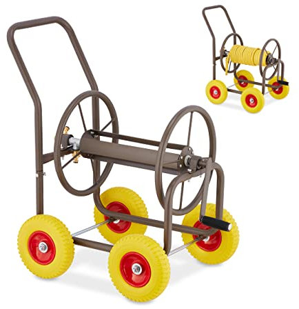 Relaxdays Carrello Avvolgitubo da Giardino, con Ruote, Attacco da 3 ”, per Tubi lunghi fino a 60 m, in Acciaio, Marrone