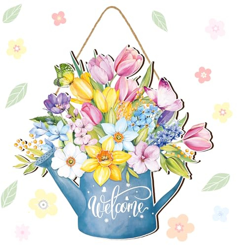Juexica Spring Decorations for Home Spring Wreaths for Front Door Welcome Sign Flowers Door Hanger Decorations Rustic Flower Wall Decor Easter Party Outdoor Indoor Home Decor