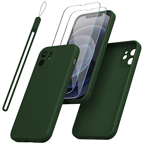 Giolus Case for iPhone 12 with 2 Pack Screen Protector with Wrist Strap, Premium Liquid Silicone Soft TPU Case Anti-Scratch Shockproof Full Body Phone Cover-Deep Green