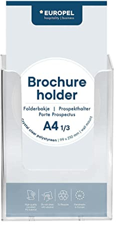 Europel Soporte para Folletos de Pared, Tamaño A4 1/3, Soporte y Dispensador de Literatura de Acrílico Transparente, Folletos y Menús para Oficina, Restaurantes y Recepción, Retrato
