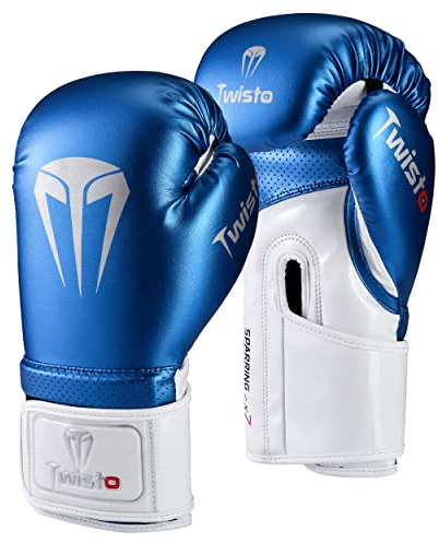 Twisto Boxing Gloves - Pro Training & Sparring, Maya Hide Leather, Muay Thai, MMA, Kickboxing, Men, Women, Adults, Heavy Punching Bag, Focus Mitts, Pads, Gym Workout (Metallic Blue, 12 oz)