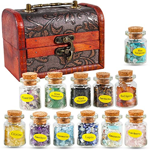 Soulnioi Healing Crystal Crushed Stone Mini Wishing Bottles Set 12Pcs Gemstones Tumbled Stones Collection Kit with Wooden Box for Decor DIY Craft Meditation Gift