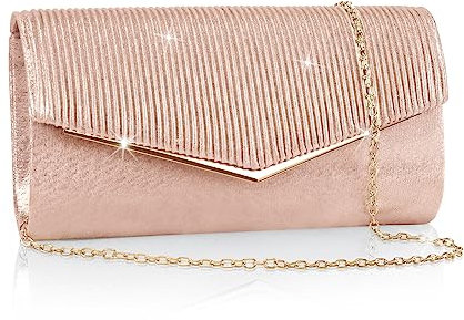 Larcenciel Women's Clutches, Shiny Envelope Evening Clutch Bag w/Detachable Chain, Elegant Handbags for Women, Glitter Crossbody Shoulder Bags for Wedding Prom Party Dinner, 23x13x5.5cm (Rose Gold)