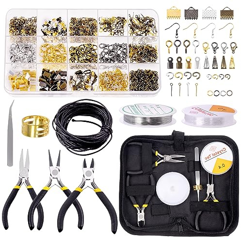 Glarks Kit de suministros para hacer joyería de 1468 piezas con herramientas para hacer joyería, alicates para joyería, alambres para ensartar, accesorios para joyería y herramientas de medición para