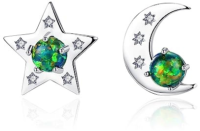 Bellitia Jewelry Orecchini Stella e Luna con Opale Verde/Blu & Diamante Simulato Zirconi, Asimmetrici a Forma di Stella Luna Sole Orecchini a Bottone in Argento 925 Placcato Oro per Ragazze Donne
