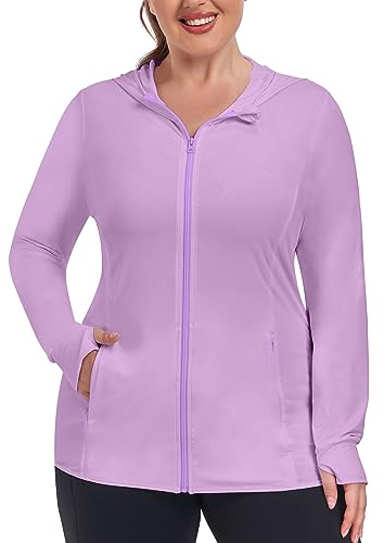 COOTRY Women's Plus Size UPF 50+ Sun Protection Jacket Lightweight Long Sleeve Zip Up Hoodie Cooling Sun Shirt Hiking Workout Purple 3XL