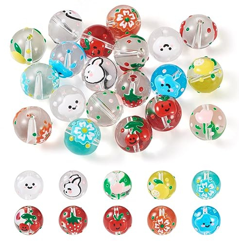 Boutigem 20Pcs Transparent Glass Beads Tulip Flower Cloud Fruit Cherry Lemeo Strawberry Rabbit Pattern Glass Beads for Jewellery Making