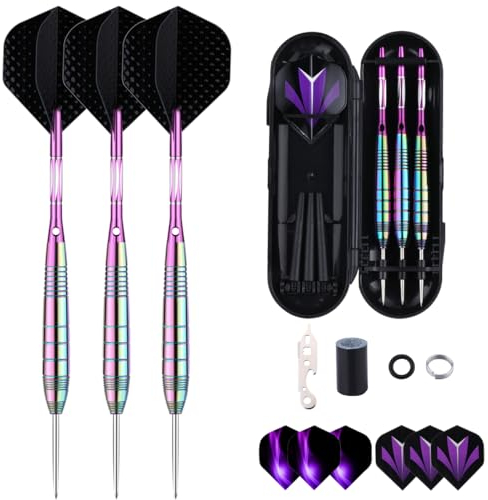 Pro Dartpfeile mit Metallspitze 24 Gramm Etui, 3 Stück Steeldarts Regenbogen Brass Barrel mit Lila Aluminum Schafts 9 Flights,50 Anti-Lose Gummiringe 12 Spring Rings 1 Dart Tool Sharpener