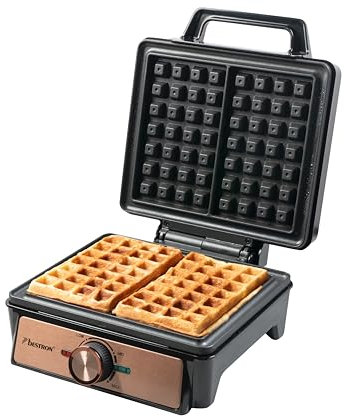 Bestron Gofrera para gofres belgas, gofrera de Bruselas para dos gofres gruesos, con revestimiento antiadherente y mango Cool Touch, colección Copper color cobre