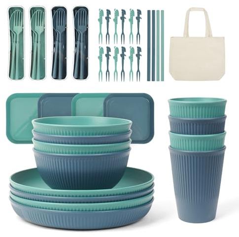 ZgoEC 53pcs Camping Geschirr Set 4 Personen, Picknick Geschirr mit Tasche | Unzerbrechliches Campinggeschirr 4 Personen, Stapelbar Teller Schüsseln, Leicht Plastikgeschirr Tafelsevice für BBQ Garten