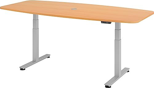 bümö Konferenztisch elektrisch höhenverstellbar 220x103 in Buche, Gestell: Silber - elektrischer Besprechungstisch oval mit Memoryfunktion höhenverstellbarer Meetingtisch