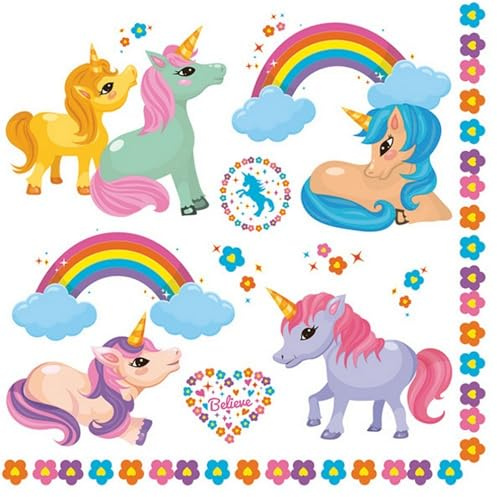 20 Servietten Kindermotive Einhörner an bunten Regenbögen als Tischdeko. Papierservietten mit Motiv. Auch für Decoupage und Serviettentechnik 33x33cm