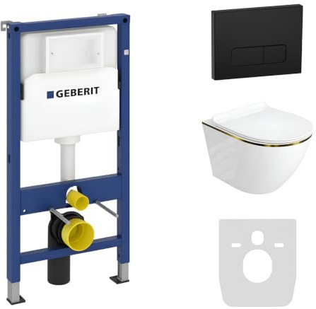 Lavita Duofix Basic Vorwandelement + Wand Tiefspül WC Sofi Slim Gold Line Spülrandlos + WC Sitz + Bedienplatte Delta 25 Schwarzer Knopf Komplettset Unterputz Spülkasten Toilette Komplett Sett WC