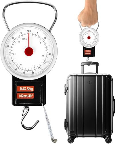Analog Manuelle Gepäckwaage Kofferwaage Federwaage, Hängende Kofferwaage ohne Batterie - 1m Maßband - Hängewaage bis 32kg