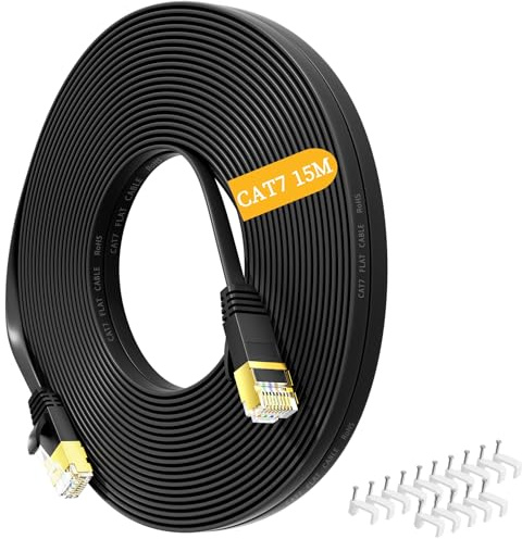 Nowunke Cable Ethernet 15 Metros, Cat 7 Cable Internet 15m RJ45 Alta Velocidad Gigabit 40Gbps 2000MHz, Plano Cable de Red Blindado Cable Lan Negro para Switch, Rúter, Módem, PC