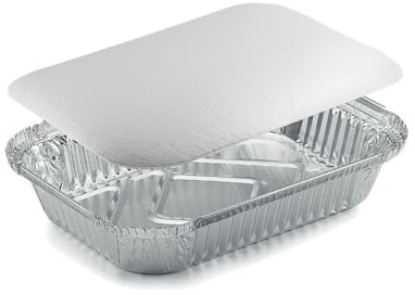 Generico 50/100 Vaschette in Alluminio bordo L VARIE DIMENSIONI Rettangolari + COPERCHI Argentate contenitori per Alimenti USA e Getta, teglie in Alluminio per Takeaway (100pz 2 porzioni 20x14cm)