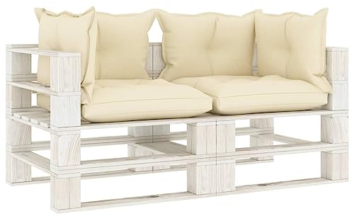 YUHI-HQYD Garten-Palettensofa 2-Sitzer,Entspannungssofa,Schlafsofas,Sofa-Sets,Lounge-Sofa,Terrassen-Sofa,Sessel,Heimdekoration,für Wohnzimmer,Schlafzimmer,Familie, mit Creme-Kissen Holz
