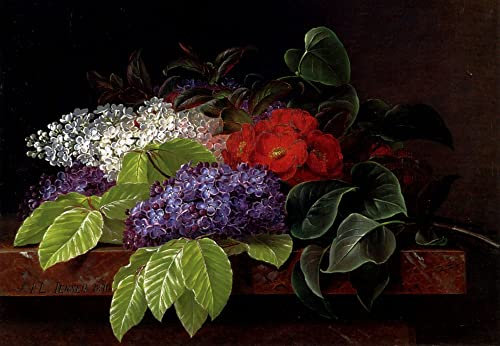 GKAZGQPR Berühmte Gemälde Gemälde Fotodruck Drucken Ölgemälde Weißer und violetter Flieder Kamelien- und buchenblätter auf einem Marmor johan laurentz jensen Bilder Deko Kunstwerk 60x90cm