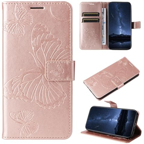 DENDICO Cover per iPhone 15 Plus, Antiurto Cover a Libro con Slot per Carte, Portafoglio Custodia in PU Pelle per iPhone 15 Plus, Oro Rosa