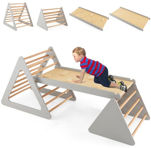 GOPLUS Kletterdreieck mit Leiter und Rutsche, Klettergrüst aus Naturholz mit robustem Rahmen, Sprossendreieck mit doppelseitiger Rampe zum Klettern&Rutschen, für Kleinkinder ab 3 Jahren (Grau)