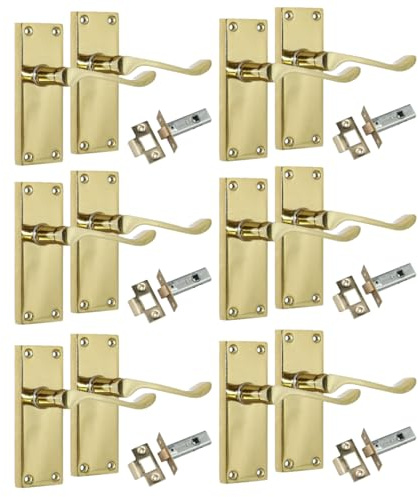Brass Plated Scroll Door Handle Set with Tubular Latches - Victorian Style Internal & External Lever Door Handles with Backplate 118mm x 42mm Sets 6