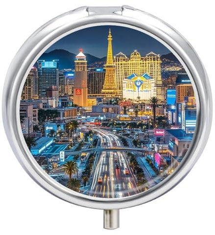 Pillendose, rund, Las Vegas Night City, 3 Fächer, Medikamentendose für Geldbörse und Tasche, tragbare Reise-Pillendose, Medizin, Vitamin, Lebertran, Aufbewahrungsbox, Organizer