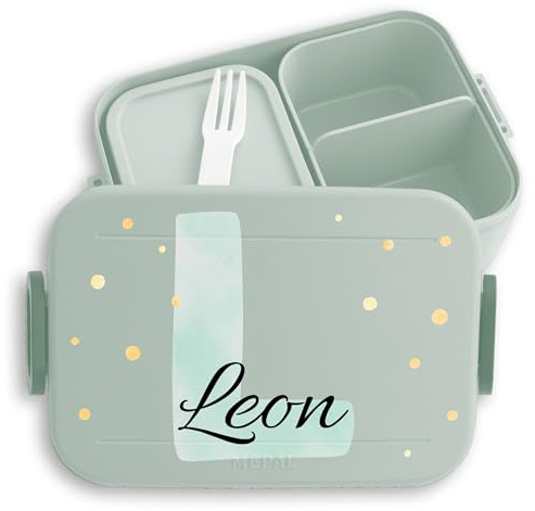 Kinder Bento Box Midi Lunchbox Mepal Bentobox - Initialen Buchstabe - Personalisierbar mit Anfangsbuchstaben und Namen | Geschenk für Kindergarten und Schulanfang - 900 ml - Sage Grün