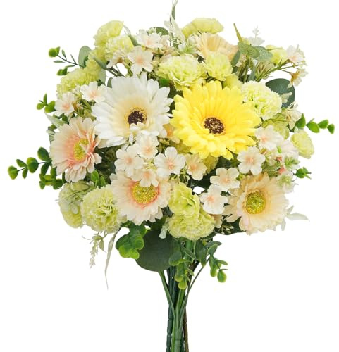 Luabue Künstliche Blumen Frühling wie Echt Kunstblumenstrauß mit Gerbera Eukalyptus Nelke Kunstblumen Deko Seidenblumen Dekoblumen für Vase Tisch Balkon Hochzeit Dekoration