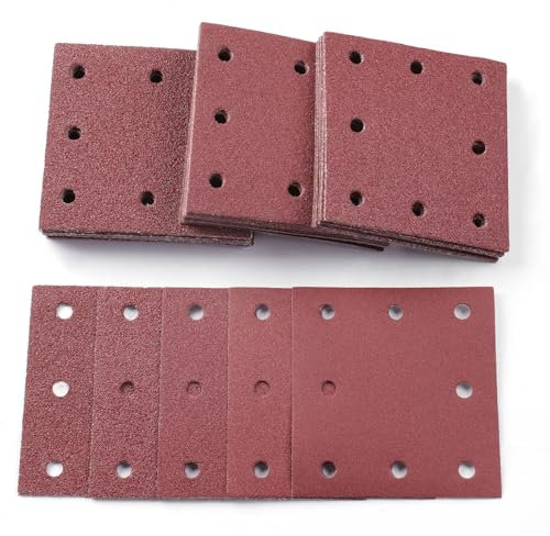 Sruhrak 50 Pieces Sandpaper, 110x115mm Sanding Sheets Stick and Peel Sanding Pads 40/60/80/120/240 Grits Set Sander Paper for Electric Sander Polishing, Rust Removal