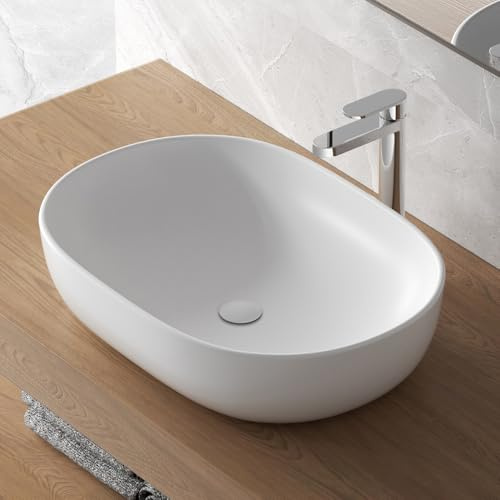 Lavabo Da Appoggio Ovale 60x41 Cm Dal Design Moderno In Ceramica Bianca Opaca Linea Tokyo