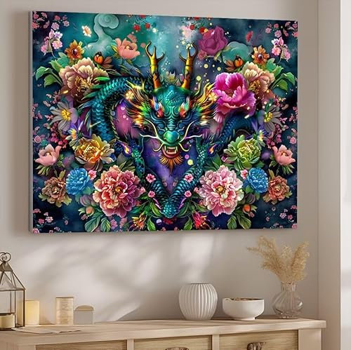 Malen nach Zahlen Erwachsene Blume, Malen nach Zahlen Drache DIY Handgemalt Ölgemälde Kit Hobby Erwachsene Kreativ Mit Pinseln und Acrylfarbe Knitterfreie Leinwand Kit, Home Wand Deko 50x70cm J-354