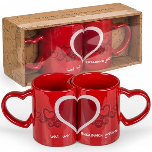 MIJOMA Set di 2 tazze da caffè con manico a cuore, in gres, 8,3 cm, lavabili in lavastoviglie e microonde, per coppie