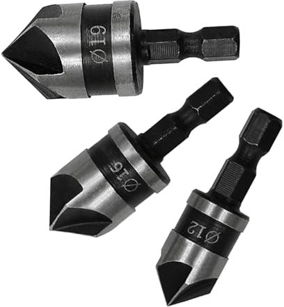 3 Pieces 1/4 Inch Hex Shank, Countersink Drill Bit Hex Shank, 12mm/16mm/19mm Countersink Drill Bit, 5 Flute 90 Degree Woodworking Countersink Bits for Woodworking (Grey)