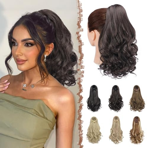 FESHFEN Coda Cavallo Capelli Extension con Coulisse, 38 cm Ondulati Ricci Sintetici Posticci Capelli per Donna, Nero Marrone