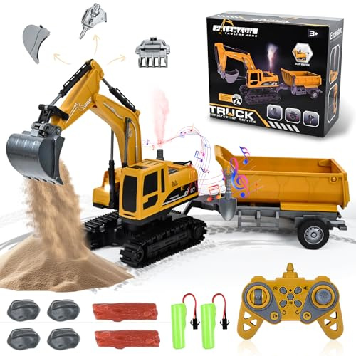 PATEMZON Ferngesteuerter Bagger Spielzeug, Ferngesteuerter Kettenbagger mit Anhänger, Steinen und Fernbedienung, 2.4GHz Elektrischer Bagger Spielzeug für Kinder Weihnachten Geburtstag Geschenk