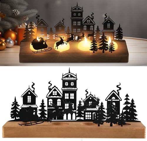 Kerzenhalter Adventskranz für 3.8cm Teelicht, Kerzenständer Weihnachten Kerzentablett Metall mit Holz Haltern, Tisch Adventsdeko für DIY Adventskranz Deko, Weihnachten Kerzenteller(Schwarz)