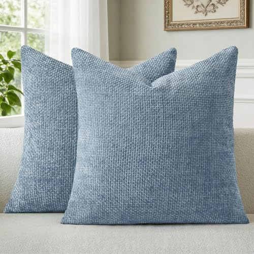 a moment Kissenbezug Blau 45x45 Chenille 2er Set Dekokissen Kissenbezüge | Muster Deko Sofakissen Couchkissen Zierkissenbezug Waschbar Flauschig Kissenhülle für Sofa Bett Wohnzimmer Schlafzimmer