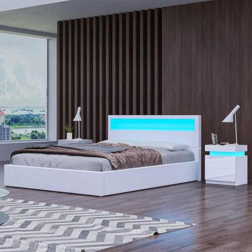 Komtopod Polsterbett Bett 120x200 cm mit LED Beleuchtung, Hydraulisches Bett, Metallbett mit Lattenrost, Bettgestell mit Stauraum (ohne Matratze) (Weiß, 120x200 cm)