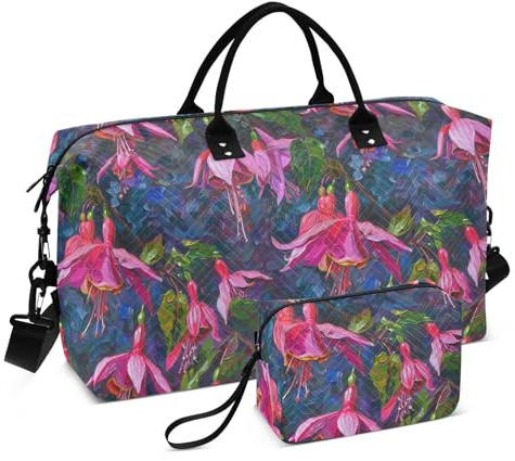 KLL Bolsa de mano decorativa con correa ajustable para viajes de negocios, gran capacidad, diseño de flores fucsias