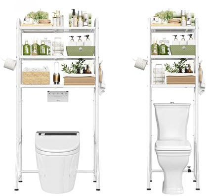 Simple Trending Expandable Over The Toilet Storage Rack, Metal 3 Tier Bathroom Organizer Shelf with Paper Holder and 3 Hooks, White