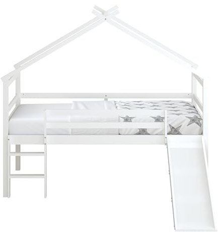 Sunny River Lit Cabane avec Toboggan en Bois, Blanc | Lit pour Enfant Mi-Haut, Lit Montessori - sans Matelas - 213 X 186 X 183 Cm | pour Matelas : 90 X 200 Cm