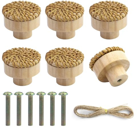 6 stycken rottingmöbelknappar, 40 mm skåpknoppar bohodekoration, möbelknoppar trä lådhandtag, träknappar skåp, skåpknappar för barnrum, vintage lådskåp, trähandtag för möbler