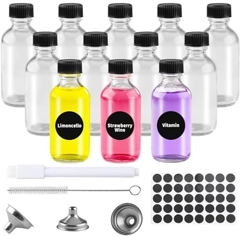 Wozzies Fiole en Verre, 12 x 60 ml Mini Bouteille Verre Réutilisables avec Entonnoir, étiquette, Brosse de Nettoyage et Stylo blanc, Petite Bouteille Shot avec Couvercle pour Jus Yaourt Alcool