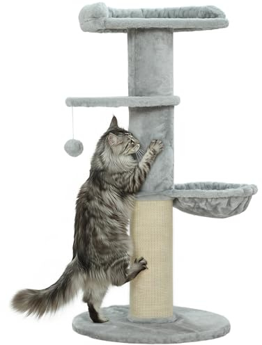 PawHut Kratzbaum mit Hängematte für Katzen bis 6 kg 103,5 cm Hellgrau | Katzenbaum, Bett, Plattform, Katzenkratzbaum mit Sisal-Kratzsäulen, Spielball