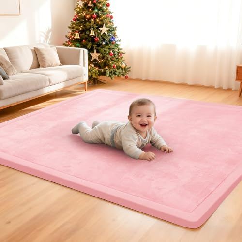 ACOMOPACK Baby Spielmatte aus 3,5 cm dickem Memory-Schaumstoff, 127 x 127 cm, Kinder Laufstallmatte für Bauchlage, rutschfeste samtweiche Krabbelmatte (Pink,127 x 127cm)